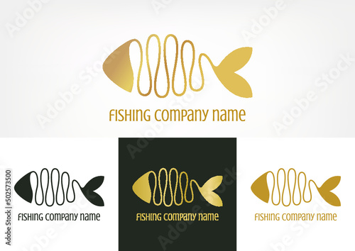 Golden fish logo. Elegant and stylish line icon for business brand identity. Graphic design for restaurant emblem, fishing company.