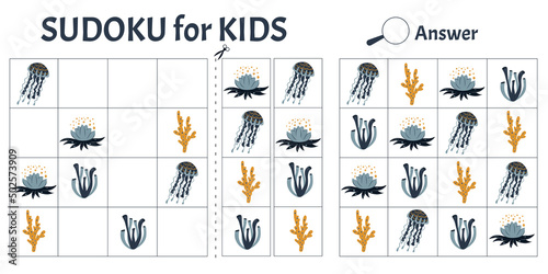Sudoku game for kids with pictures of sea animals. Children's activity sheet. Vector illustration cartoon style