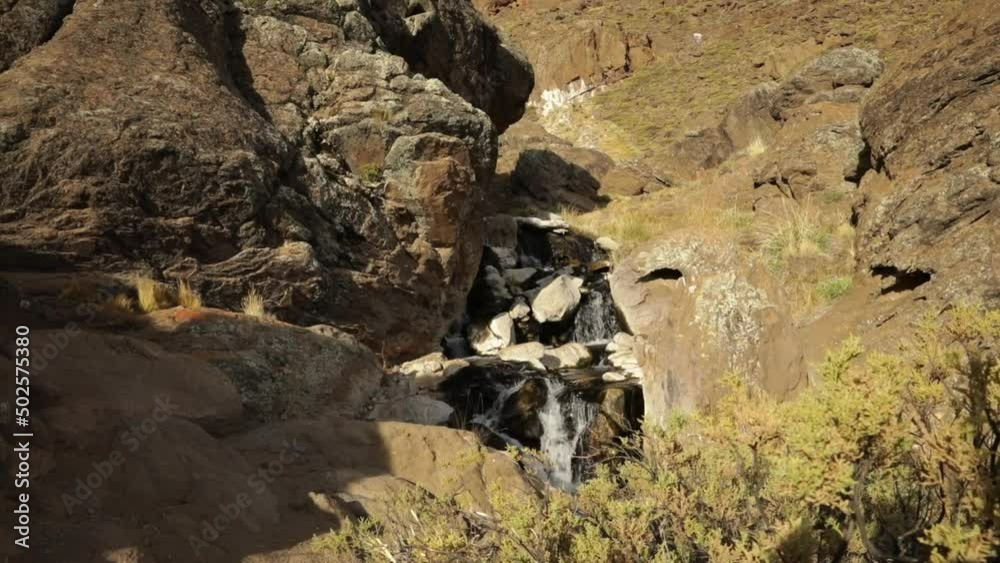 Thermal spring. View of the natural hot spring in volcano Domuyo. The stream flows downhill along the rocky mountain and desert. Thermal spring. View of the natural hot spring in volcano Domuyo. The stream flows downhill along the rocky mountain and desert.