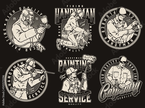 Monochrome collection of emblems with workers