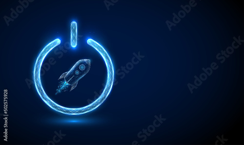 Abstract rocket flying in the space inside power button.