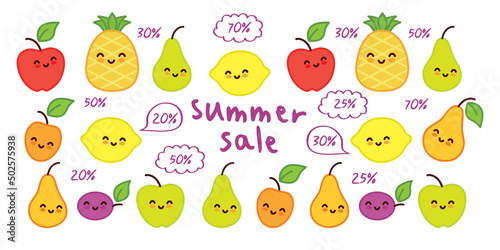 Summer sale. Funny fruits. Promotional banner with hand drawn cute pineapple, apple, pear, plum, apricot and lemon. Vector.