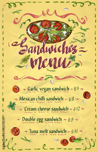 Sandwiches menu list, hand drawn vector graphic sketch illustration