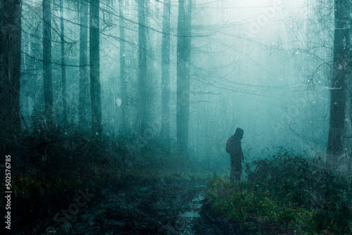 A mysterious hiker, silhouetted on a gloomy path. In a spooky foggy, winters forest. With a grunge, blurred edit