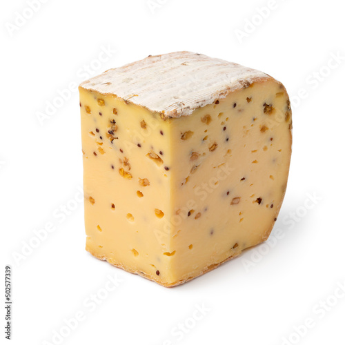 Piece of Belgian cheese with mustard seed and Fenugreek isolated on white background photo