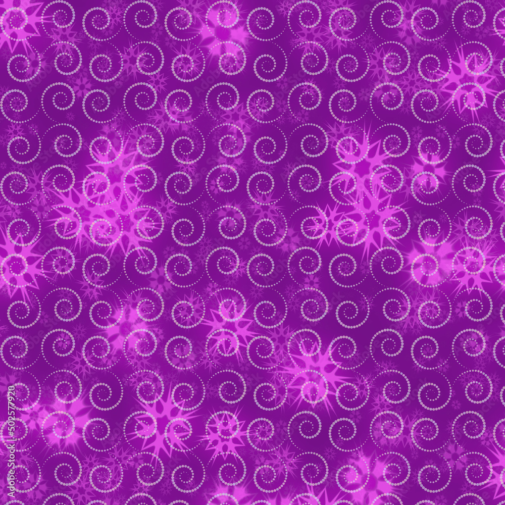Swirls and stars on a purple background paper for crafting or scrapbooking. Blurred flowers in gradients of purple
