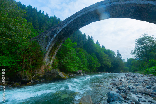 Famous senyuva (cinciva) stone bridge on the storm valley (Firtina vadisi), Rize, Turkey photo