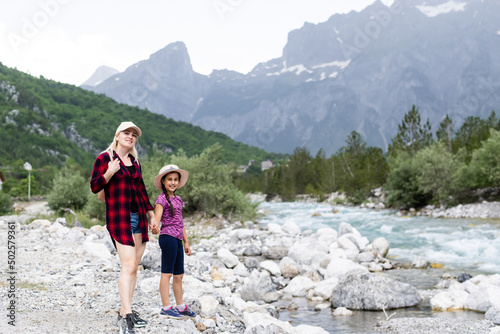 Traveling mother and daughter in the mountains of albania