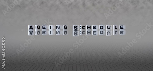 ageing schedule word or concept represented by black and white letter cubes on a grey horizon background stretching to infinity