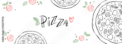 Neapolitan, Margherita pizza, top view. Hand-drawn vector banner for website, advert, social media or menu. Sketch illustration of traditional Italian dish made with tomatoes and mozzarella cheese.