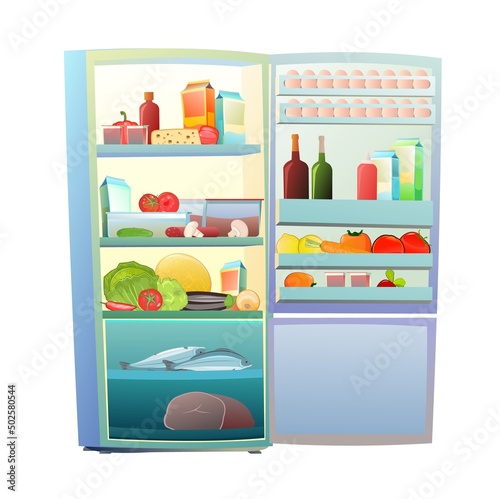Fridge. Lots of food and prepared foods. Illustration is isolated on white background. Vector