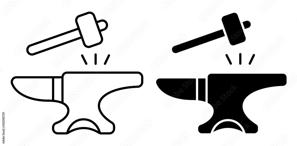 Linear icon, hammer hits the anvil. Blacksmith craft, production of ...