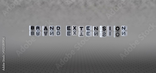 brand extension word or concept represented by black and white letter cubes on a grey horizon background stretching to infinity