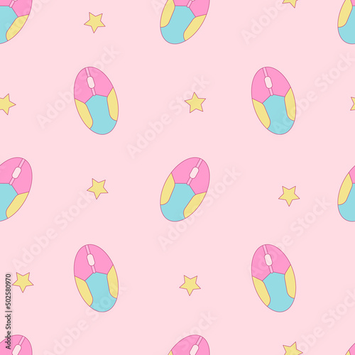 Girly pink computer mouse with sters vector seamless pattern