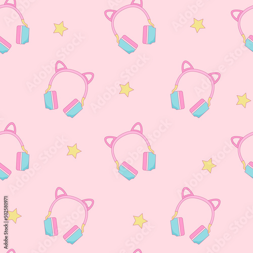 Pink headphones with cat ears flat vector seamless pattern. Cute gaming headphones and stars background.