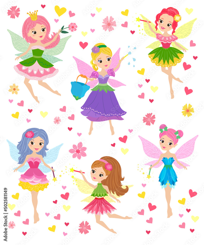 Set of vector illustrations in cartoon style. Cute girls fairies on a transparent background. Baby picture Set of vector illustrations in cartoon style. Cute girls fairies on a transparent background. Baby picture