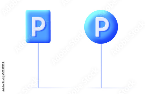 3d parking road sign blue square and round shapes