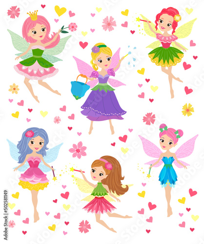 Set of vector illustrations in cartoon style. Cute girls fairies on a transparent background. Baby picture