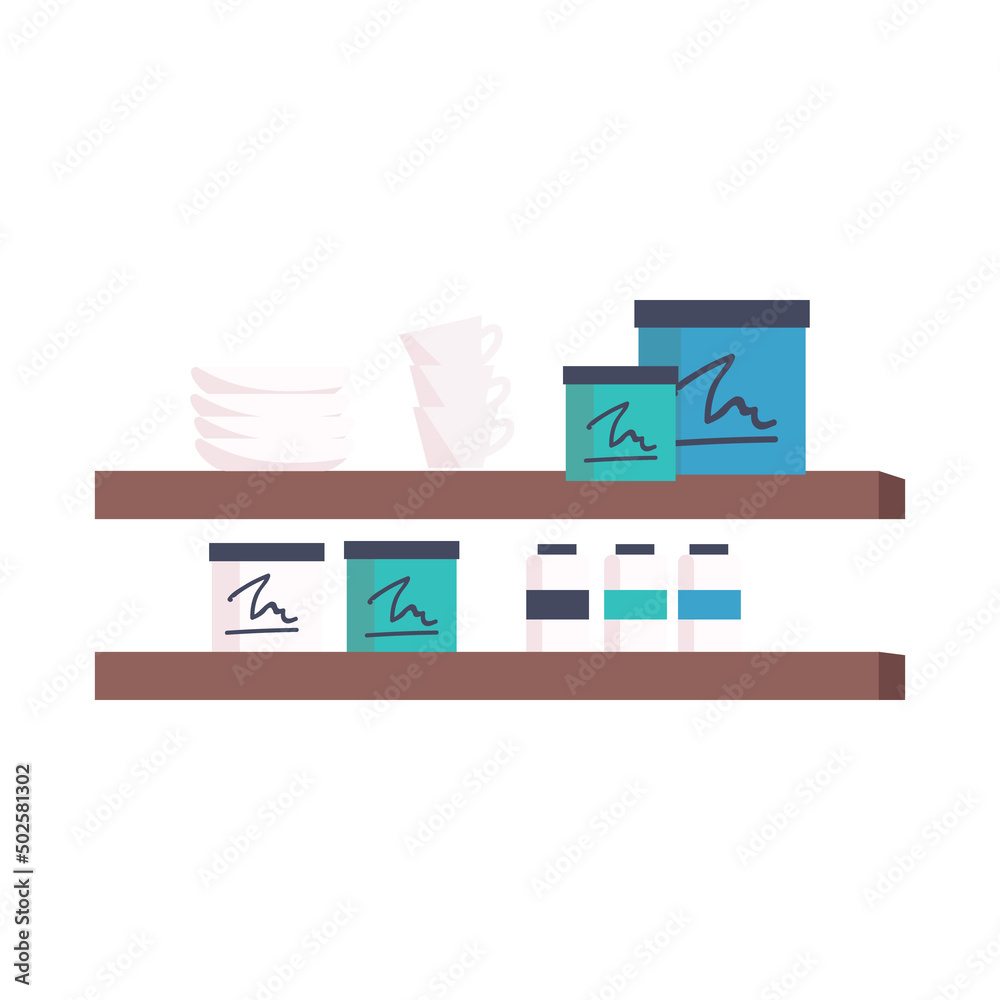 Fototapeta premium Shelves with protein powder containers and dinnerware semi flat color vector object. Full sized item on white. Simple cartoon style illustration for web graphic design and animation