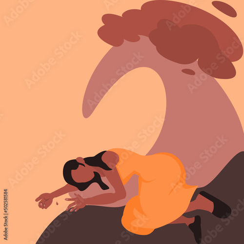 No face woman in depression.Young lady wearing an orange dress lying unconscious under clouds.Sad teenage girl crying.Vector isolate flat design for unhappy,broken heart, loneliness man, mental health