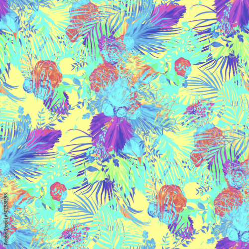 Abstract seamless pattern with colorful silhouettes with rose and tropical leaves for bright summer textile and surface design © Марина Воюш