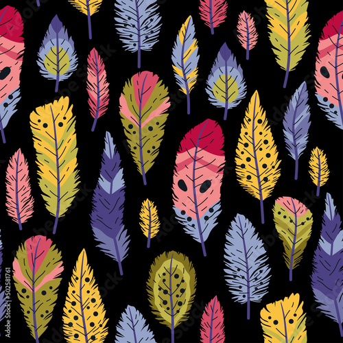Seamless pattern of decorative colored animals tribal feathers. Decorative ethnic stylize feather ornamental indian aztec design, colored boho hippie birds. Rustic decorative feathers background.