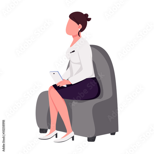 Female talk show host sitting in armchair semi flat color vector character. Posing figure. Full body person on white. Simple cartoon style illustration for web graphic design and animation