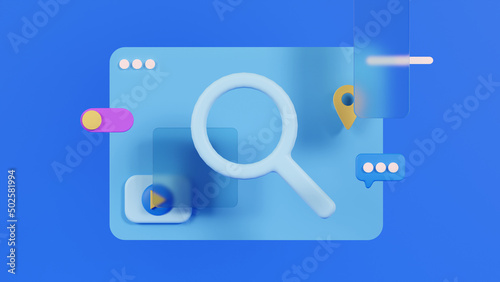 3d render of search interface with magnifier, glassmorphism and icons 