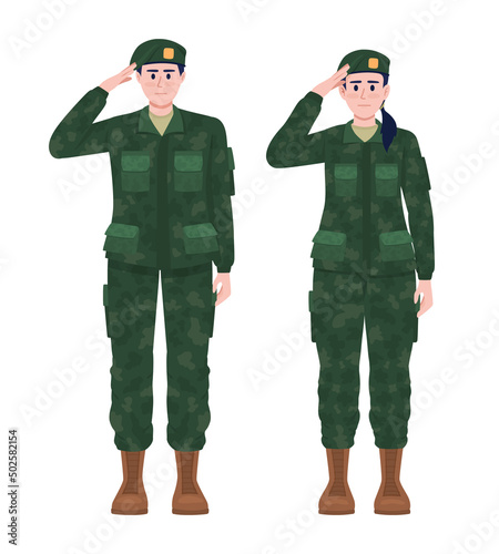 Military man and woman in uniforms semi flat color vector characters. Standing figures. Full body people on white. Armed forces simple cartoon style illustration for web graphic design and animation