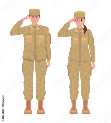 Male and female soldiers saluting semi flat color vector characters. Standing figures. Full body people on white. Military career simple cartoon style illustration for web graphic design and animation