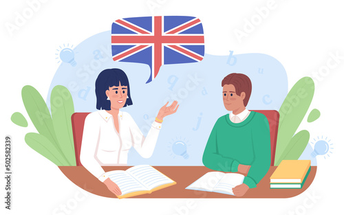 English class 2D vector isolated illustration. English teacher and student flat characters on cartoon background. Private tutoring colourful scene for mobile, website, presentation. Lora font used