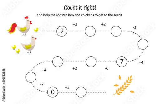 Math game for preschoolers. Addition, subtraction, counting to ten. worksheet for children. Count it. Help rooster get to grain.