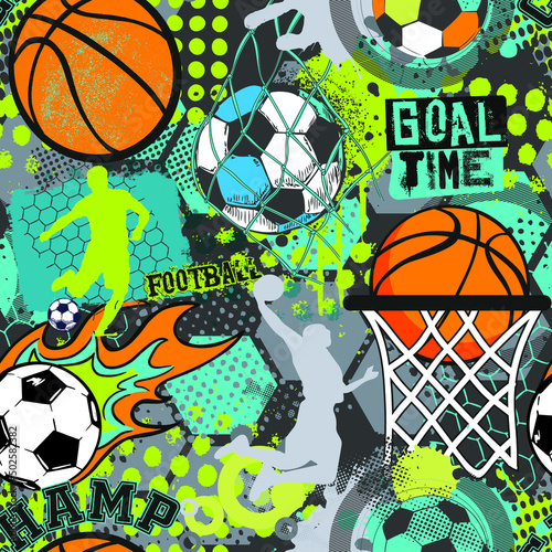 Seamless sport pattern with balls. Repeated backdrop for fashion clothes, t shirt, child, paper. Creative grunge design isolated on white