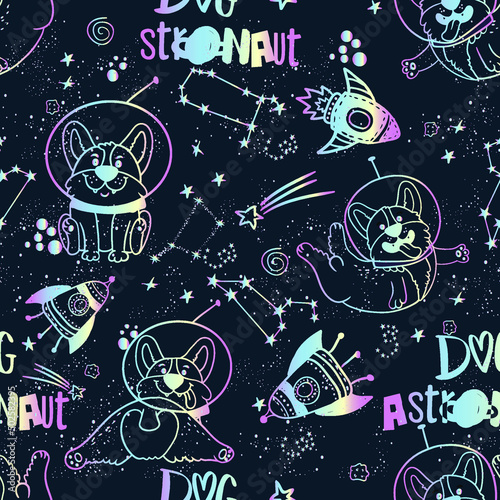 Kids holographic seamless pattern with corgi dog in space. Space background. print for T-shirts, textiles, wrapping paper, web. 