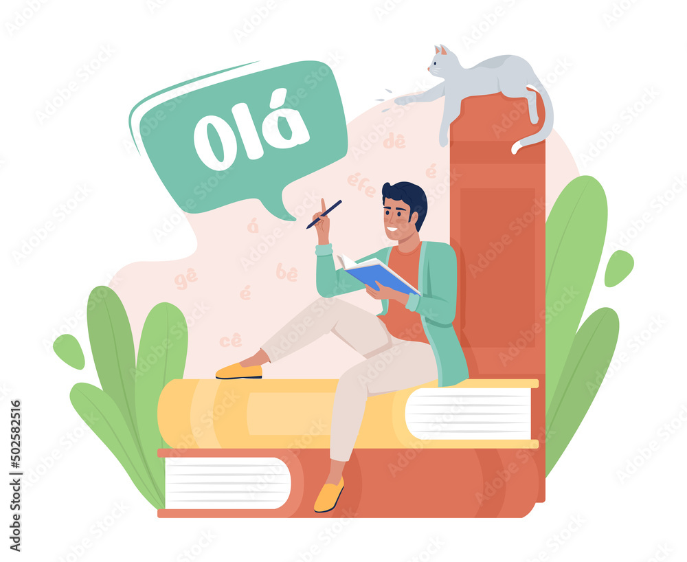 Studying portuguese language with pleasure 2D vector isolated illustration. Learner flat character on cartoon background. Colourful scene for mobile, website, presentation. Nerko One Regular font used