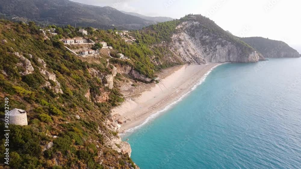 Coastline and Long Sandy Milos Beach at Lefkada Island, Greece - Aerial Coastline and Long Sandy Milos Beach at Lefkada Island, Greece - Aerial