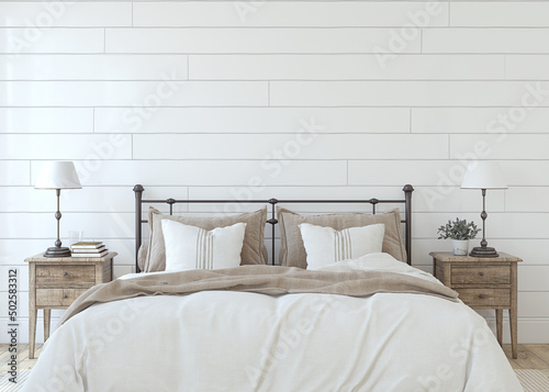 Modern farmhouse bedroom. 3d render.