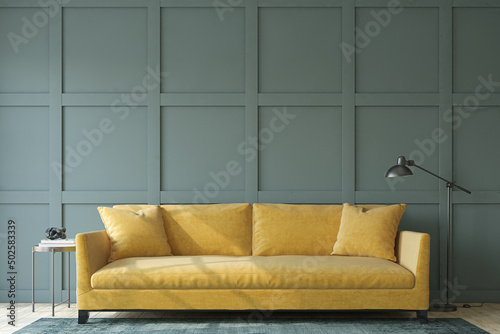 Fotografiet Modern living room interior with the yellow couch. 3d render.