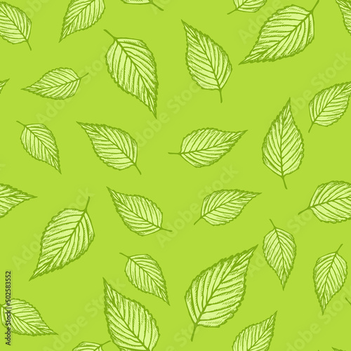 Seamless pattern engraved tree leaves. Vintage background botanical with foliage in hand drawn style. © Lidok_L