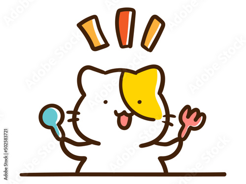 フォークとスプーンを持つかわいいねこのキャラクターの手書きイラスト
