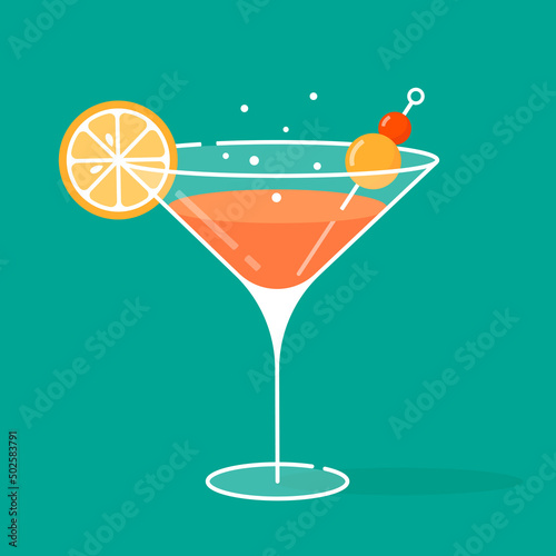 Glass with fruit cocktail on a green background. The drink is decorated with lemon and fruit canapes. Fruit juice or lemonade. Suitable for window dressing, menus, invitations. Isolated image.