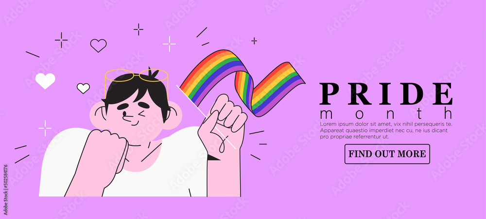 Cute character with rainbow lgbt flag celebrate pride month or day vector flat illustration. LGBTQ support social media banner or post template, greeting card or invitation on pink background. Cute character with rainbow lgbt flag celebrate pride month or day vector flat illustration. LGBTQ support social media banner or post template, greeting card or invitation on pink background.