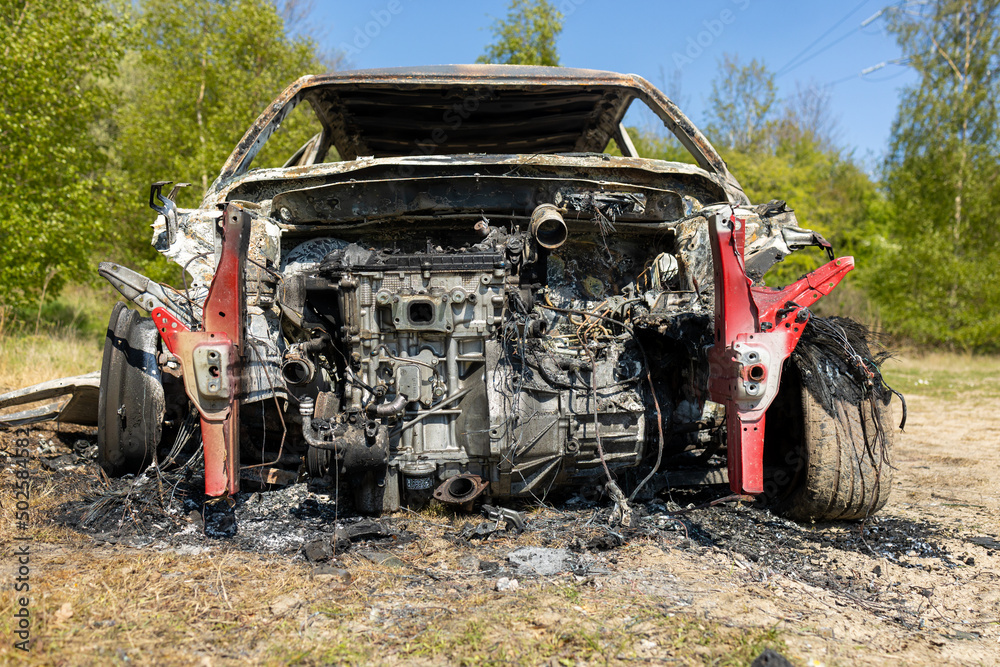 Fototapeta premium Newburn UK: 29th April 2022: A stolen car which has been burnt out and dumped in a field