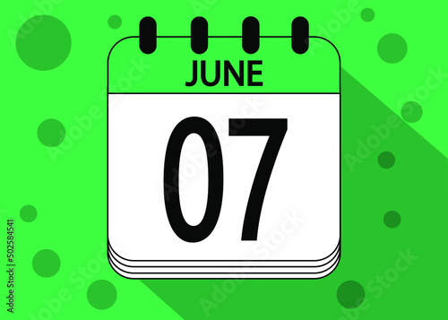 June 7 calendar date design green. Calendar page icon for june days