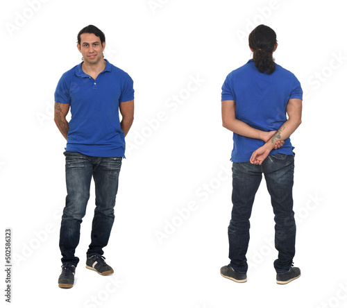 back and front view of a standing man with ponytail on white background