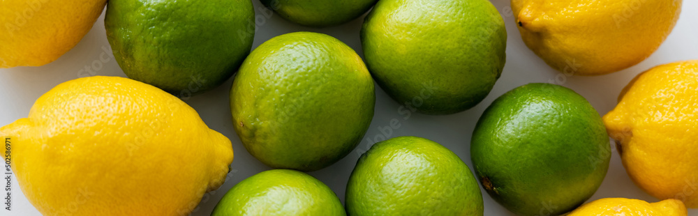 Top view of lemons and limes on white background, banner Top view of lemons and limes on white background, banner
