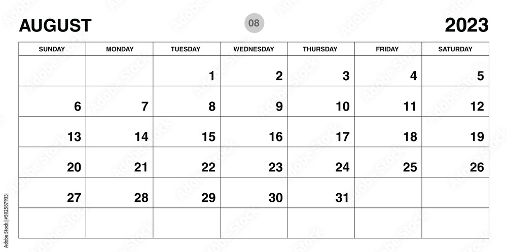 August 2023 year planner template, calendar 2023 template, monthly and