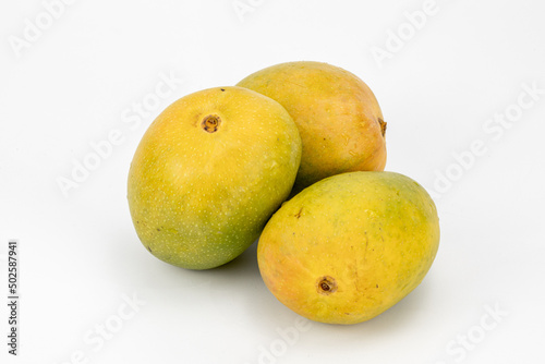 Mangoes Badami / Alphonso isolated in white background, shot using studio lighting and water drops on the subject, Composition on a wooden log with extendable white background and ample copy space.