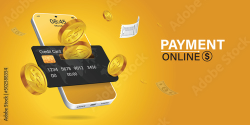 online payment via mobile phone.Coin drop in smartphone on yellow background. Shopping through your smartphone without having to carry cash. Pay online through an online wallet on your smartphone.
