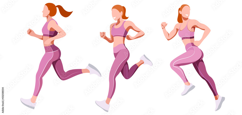 vector set images of a beautiful slender girl in a sports uniform (leggings and a sports bra) is engaged in fitness, sports, trains isolated on a white background. woman runs. morning run. jogging. vector set images of a beautiful slender girl in a sports uniform (leggings and a sports bra) is engaged in fitness, sports, trains isolated on a white background. woman runs. morning run. jogging.